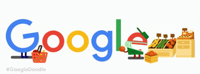 Google Logo With Person Holding Basket Of Fruit GIF