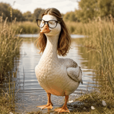 Goose Wearing Glasses in Water With Woman's Hair