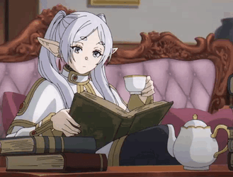 Gorgeous Frieren Reading Drinking Tea GIF