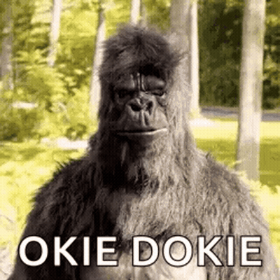Gorilla Costume In Woods Saying Okie Dokie GIF
