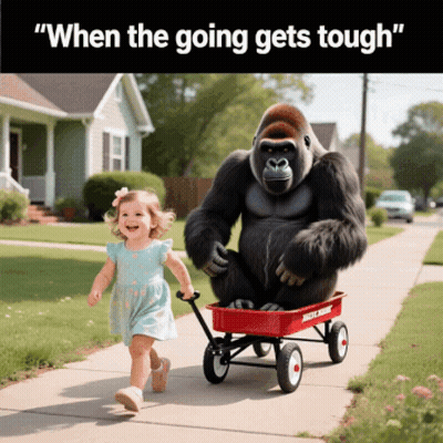 Gorilla Pushing Girl In Red Wagon Saying When The Going Gets Tough GIF