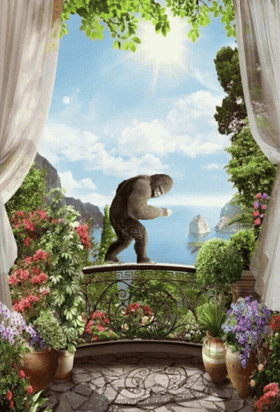 Gorilla Standing On Balcony Overlooking Sea GIF