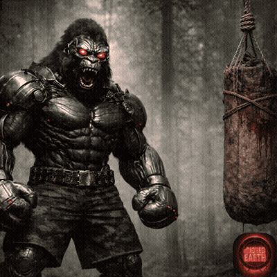 Gorilla With Red Eyes Next To Punching Bag Saying Fighter Earth GIF
