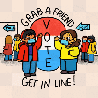 Grab A Friend Get In Line Poster With Two People Wearing Masks GIF