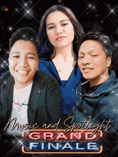 Grand Finale Music Poster With Spotlight And Three People GIF