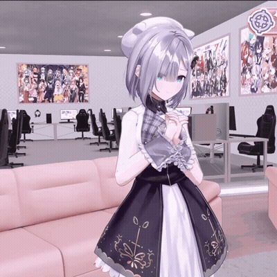 Gray-Haired Blue-Eyed Girl With Posters On Wall GIF