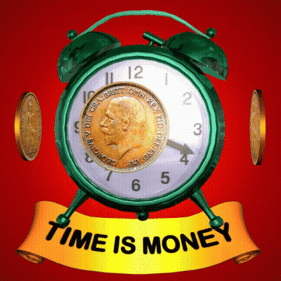Green Alarm Clock With Gold Coin Saying Time Is Money GIF