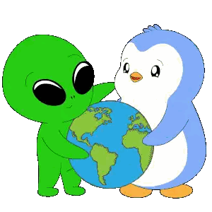 Green Alien And Blue Penguin Hugging Earth Sticker