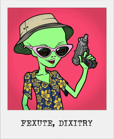 Green Alien Holding Gun Saying Fexute Dixitry GIF