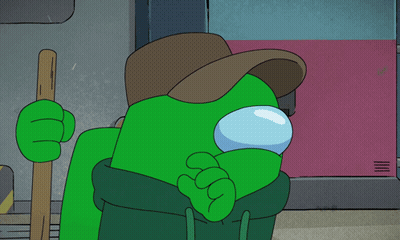 Green Among Us Character With Brown Hat GIF
