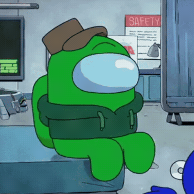 Green Among Us Character With Hat And Safety Sign GIF