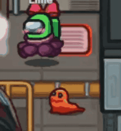 Green Among Us With Pink Bow Flying Near Purple GIF