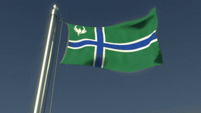 Green and Blue Flag with White Cross and Bird
