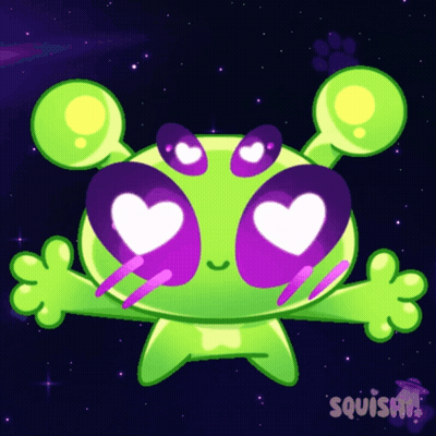 Green And Purple Alien With Hearts In Eyes Saying Squishy GIF