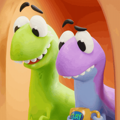 Green And Purple Dinosaur Holding Clay Cup GIF