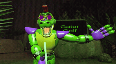 Green And Purple Gator Standing In Front Of Gator Golf Sign GIF