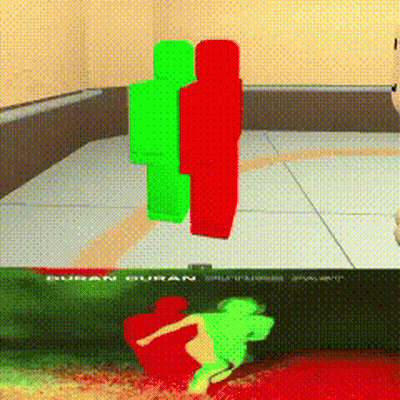 Green And Red Figure Standing On Tiled Floor GIF