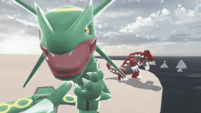 Green And Red Pokemon Standing On Cliff Near Ocean GIF