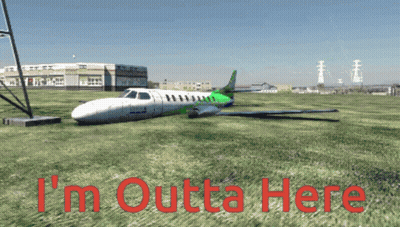 Green And White Airplane Parked In Grassy Field Saying I'm Outta Here GIF
