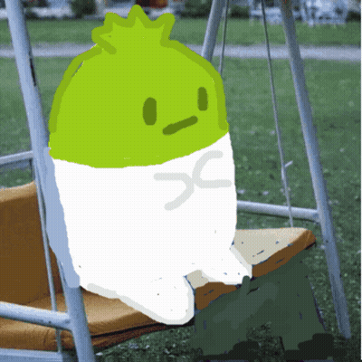 Green And White Cartoon Character Sitting On Swing With X On Chest GIF