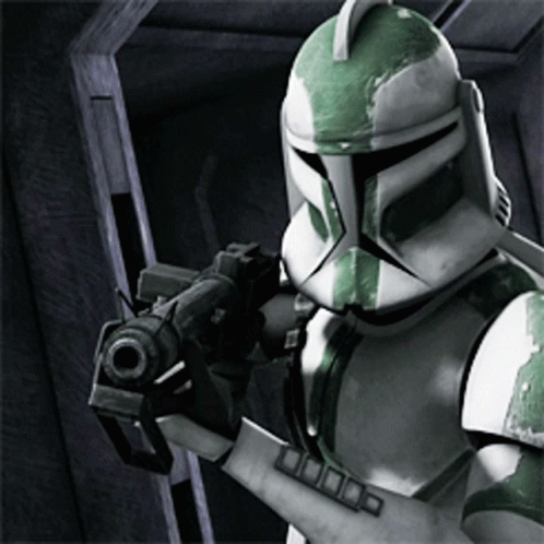 Green And White Clone Trooper Holding Gun GIF