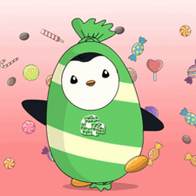 Green And White Penguin With Candies GIF