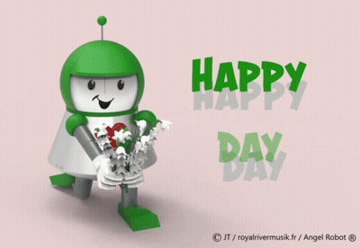 Green And White Robot Holding Flowers Happy Day GIF