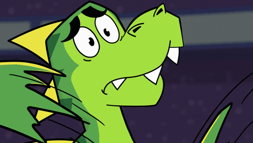 Green And Yellow Cartoon Character With Big Teeth And Yellow Tail GIF