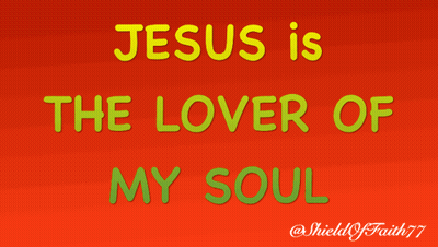 Green And Yellow Letters On A Red Background With Shield Of Faith 77 At The Bottom GIF
