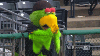 Green And Yellow Mascot Behind Fence MLB.com GIF