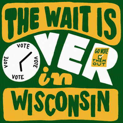 Green And Yellow Sign Saying The Wait Is Over I'm In Wisconsin GIF