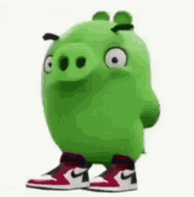 Green Angry Birds Pig Wearing Red White Nike Shoes GIF