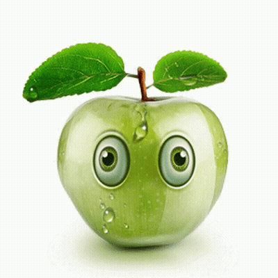 Green Apple With Big Eyes And Leaf GIF