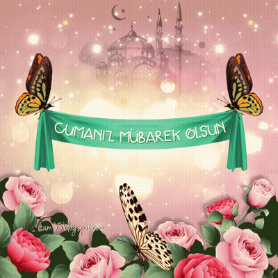 Green Banner Cumamiz Mubarek Olsun With Pink Roses GIF