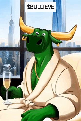 Green Bull In Bathrobe Holding Wine GIF