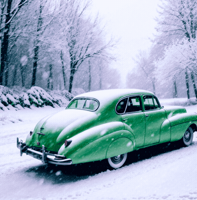 Green Car Driving On Snowy Road GIF