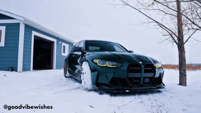 Green Car Parked in Snow in Front of Garage Goodvibewishes