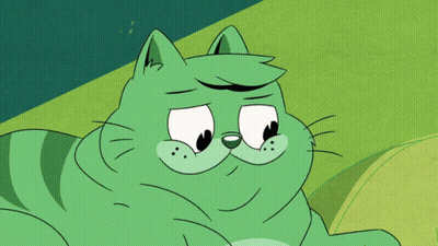 Green Cartoon Cat Being Petted by Person in Blue Shirt