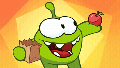 Green Cartoon Character Holding Brown Bag And Apple GIF