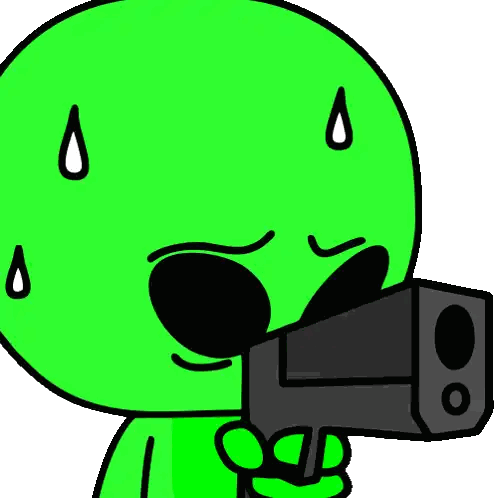Green Cartoon Character Holding Gun Surprised Sticker