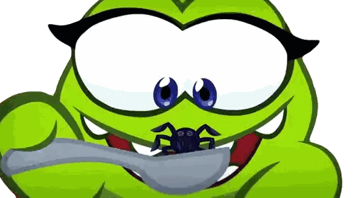 Green Cartoon Character Holding Spoon With Spider Sticker