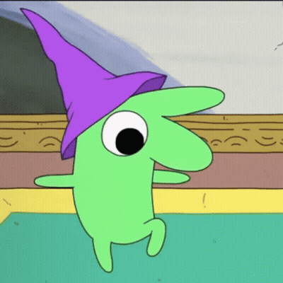 Green Cartoon Character In Purple Witch Hat GIF