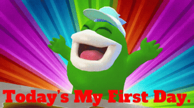 Green Cartoon Character Saying Today's My First Day GIF