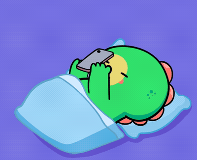 Green Cartoon Character Sleeping With Phone In Mouth GIF
