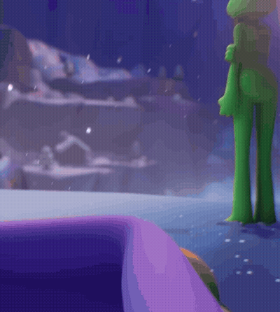 Green Cartoon Character Standing In Front Of Purple Object GIF