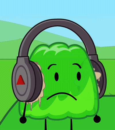 Green Cartoon Character Wearing Headphones With Red Triangle GIF