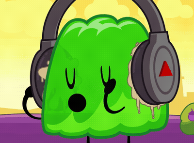 Green Cartoon Character Wearing Headphones With Red Triangle GIF