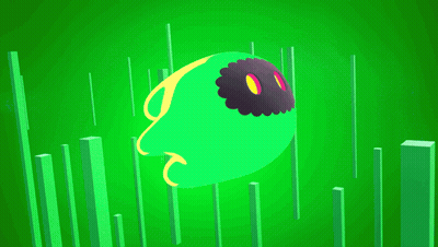 Green Cartoon Character With Black Head And Yellow Eyes GIF