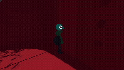 Green Cartoon Character With Large Eye In Red Room GIF