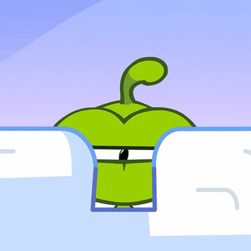 Green Cartoon Character With Leaf On Head Looking Out Of Hole GIF